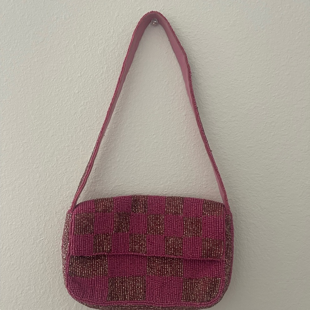 Anthro Pink Checkered Beaded Bag